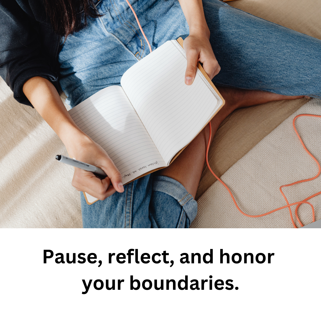 A woman sitting with journal reflecting to honor her boundaries
