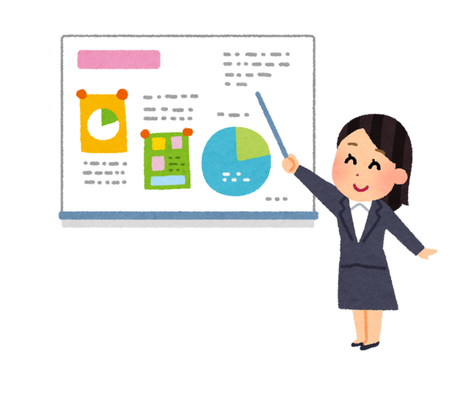 Cartoon illustration of a confident woman presenting a chart with a smile