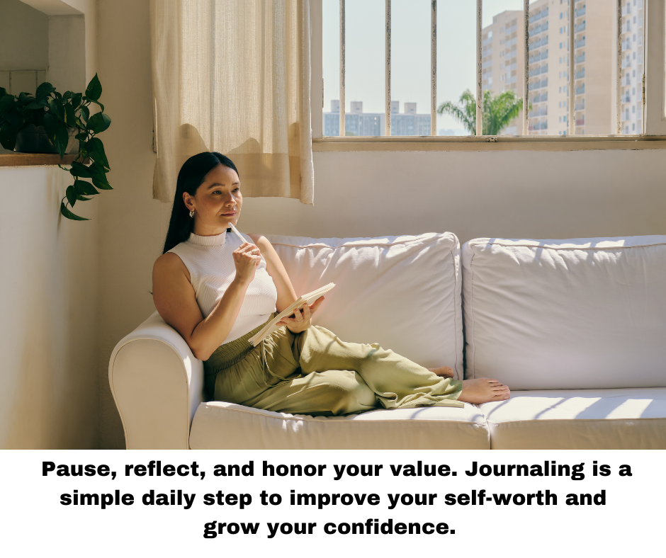 improve my self-worth woman journaling