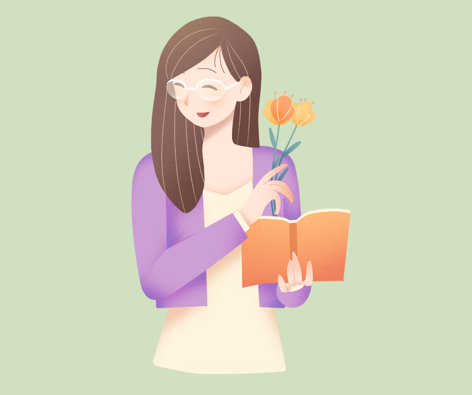 Smiling woman with flowers and notebook