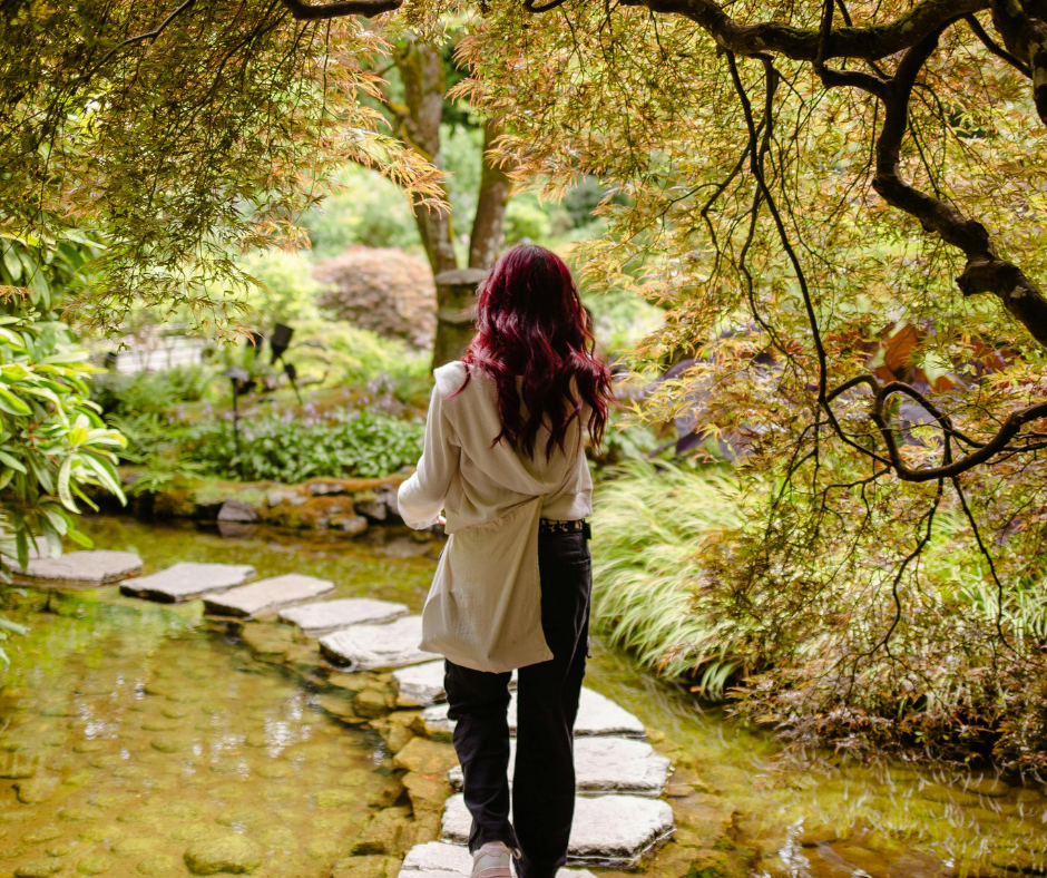Woman walking stone steps