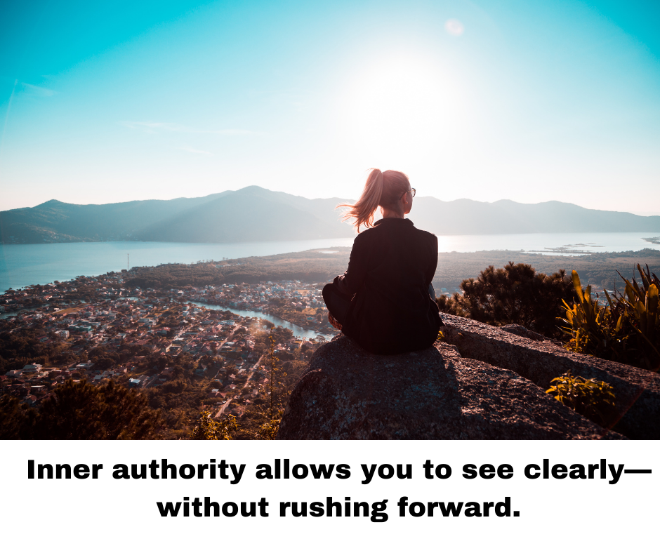 woman sitting on his city mountain lake inner authority confident leader