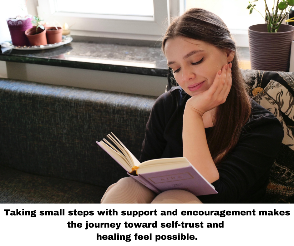Woman reading book smiling