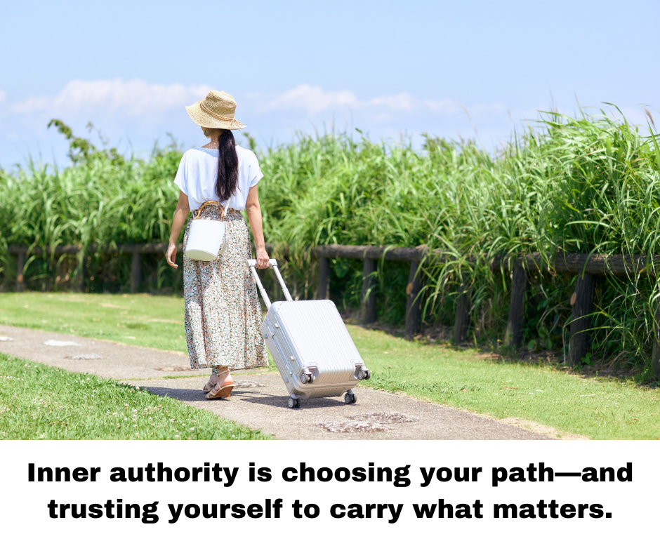 Woman walking along path with luggage inner authority